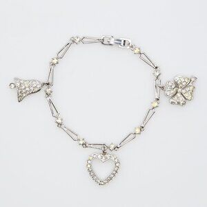 Vintage Engel Brothers Sterling Rhinestone Charm Bracelet Heart Clover Bell 1940